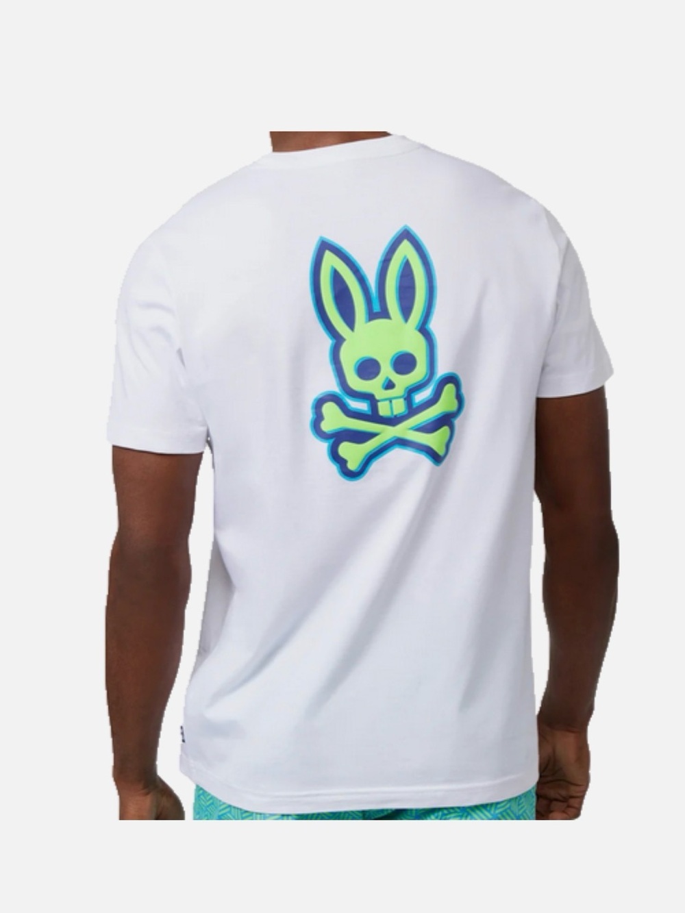 Psycho Bunny White Tee with Neon Green & Blue Bunny Skull 8